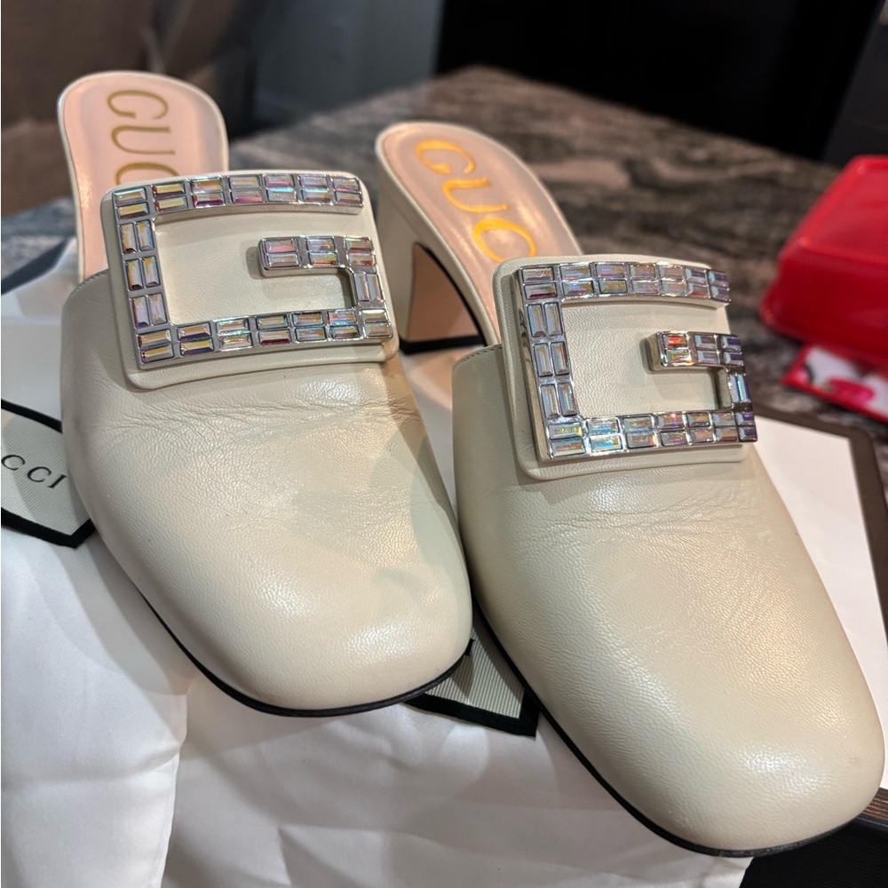 Gucci Ivory Mules with Crystal Buckle